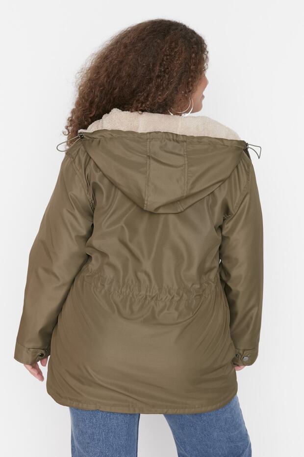 Khaki Regular Fit Hooded Fur Inside Water Repellent Plus Size Parka Coat Tbbaw23Kb00000 - 5