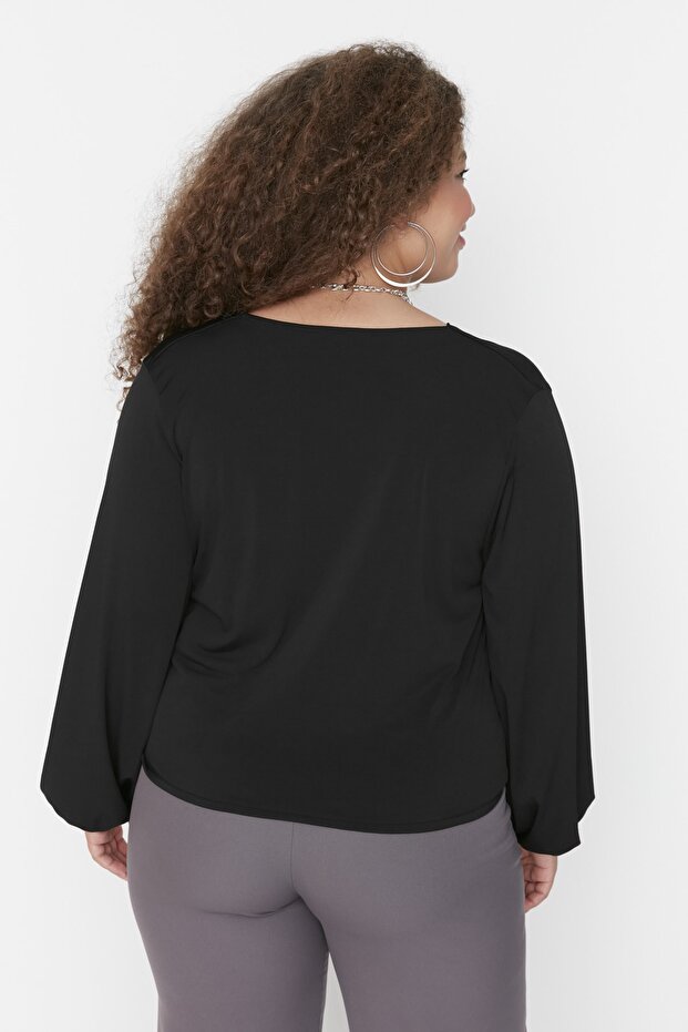 Siyah Balon Kol Kruvaze Yaka Örme Crop Bluz TBBAW23AF00029 - 5