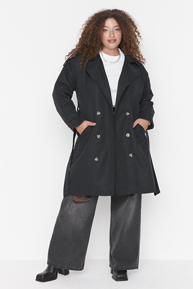 Black Shoulder Epaulette Detailed Jacket Collar Belted Wide Fit Trench Coat TBBAW23BM00001 - 3