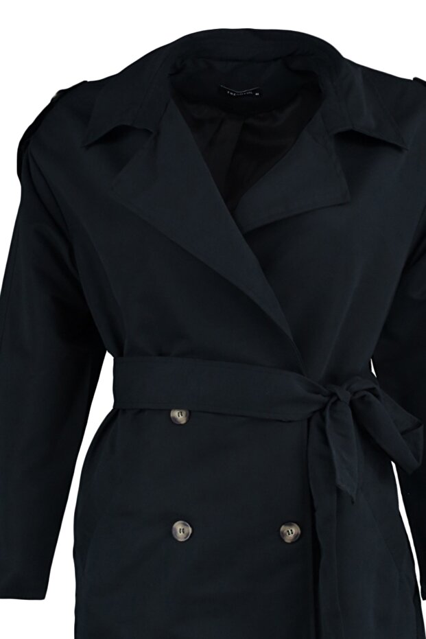 Black Shoulder Epaulette Detailed Jacket Collar Belted Wide Fit Trench Coat TBBAW23BM00001 - 7