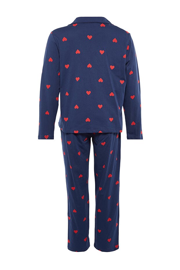 Lacivert Kalpli Gömlek Yaka Örme Pijama Takımı TBBAW23AI00019 - 7