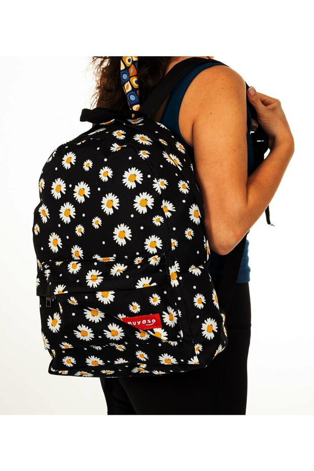 Black Colored Daisy Patterned Backpack School Bag - 3