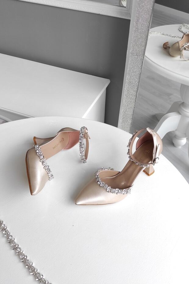 Skin Satin 9cm Champagne Heels with Ankle Belt Double Waterway Stone Evening Dress Stiletto Women's Shoes
