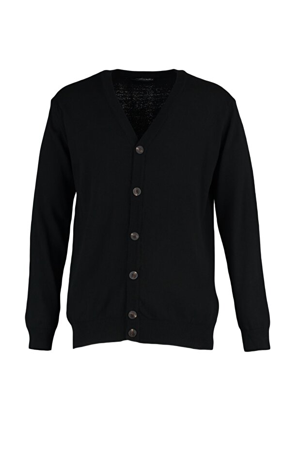 Siyah Slim Fit Pamuklu V Yaka Düğmeli Hırka TMNAW21HI0274 - 6
