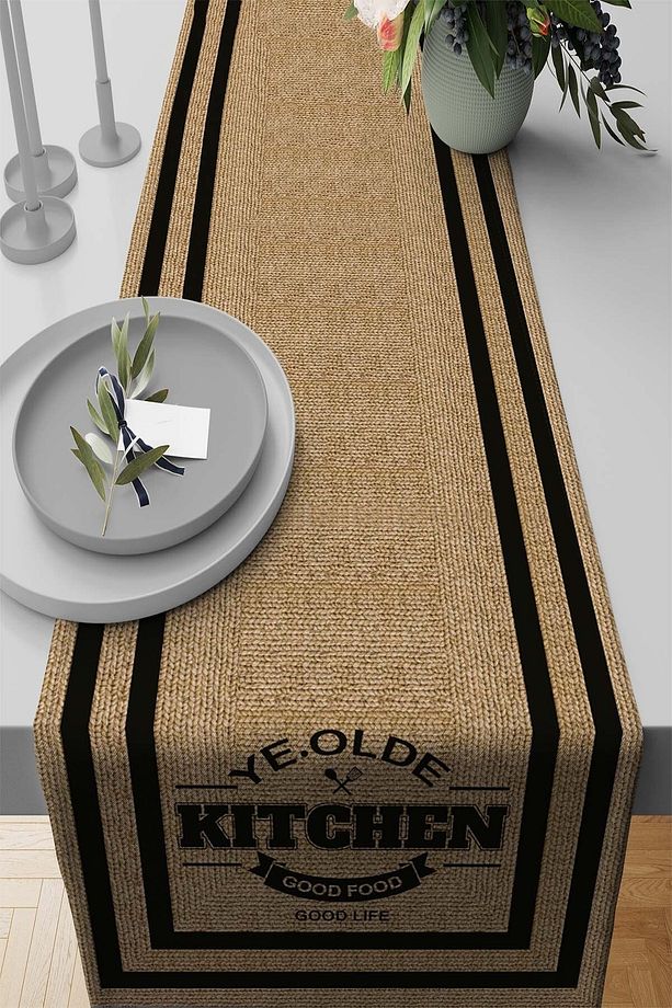40x140cm Tay Tüyü Dokuma Leke Tutmaz Premium Kumaş Masa Örtüsü Runner Hasır Görünümlü Rnr188 - 1
