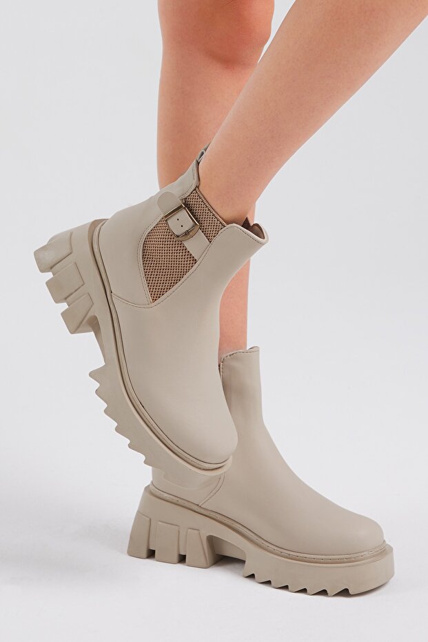 Women's Cream Skin Elastic Buckle Comfortable Mold Boots