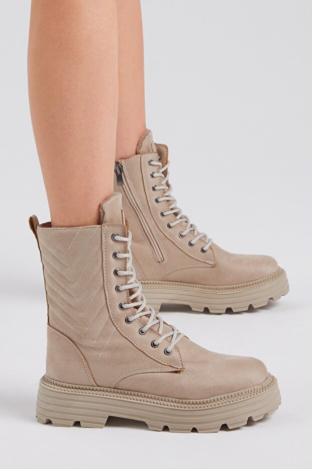 Női krémszínű velúr mintás kényelmes fűzős csizma - 2