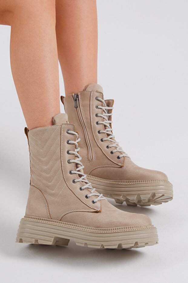 Női krémszínű velúr mintás kényelmes fűzős csizma - 5