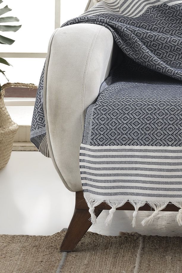 Bergama Indigo 2 Adet Koltuk Örtüsü 180 X 200 Cm Koltuk Şalı Kanepe Berjer Örtüsü Pamuklu - 4