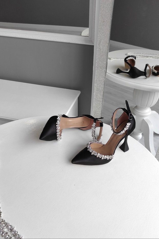 Black Satin 11cm Champagne Heels with Ankle Belt Double Waterway Stone Evening Dress Stiletto Women's Shoes