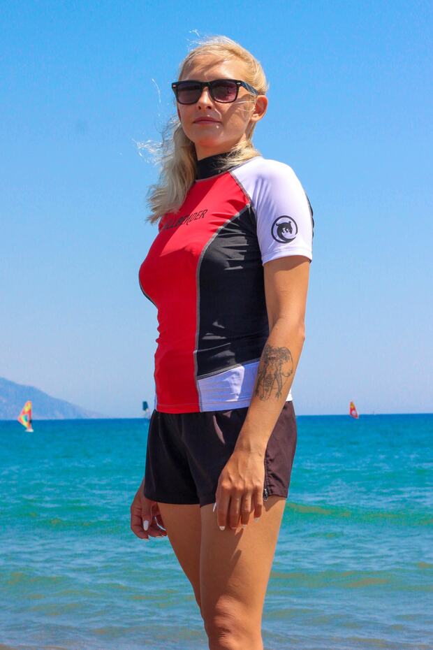 Red Short Sleeve Uva-b Protected Rashguard Swimsuit - 2