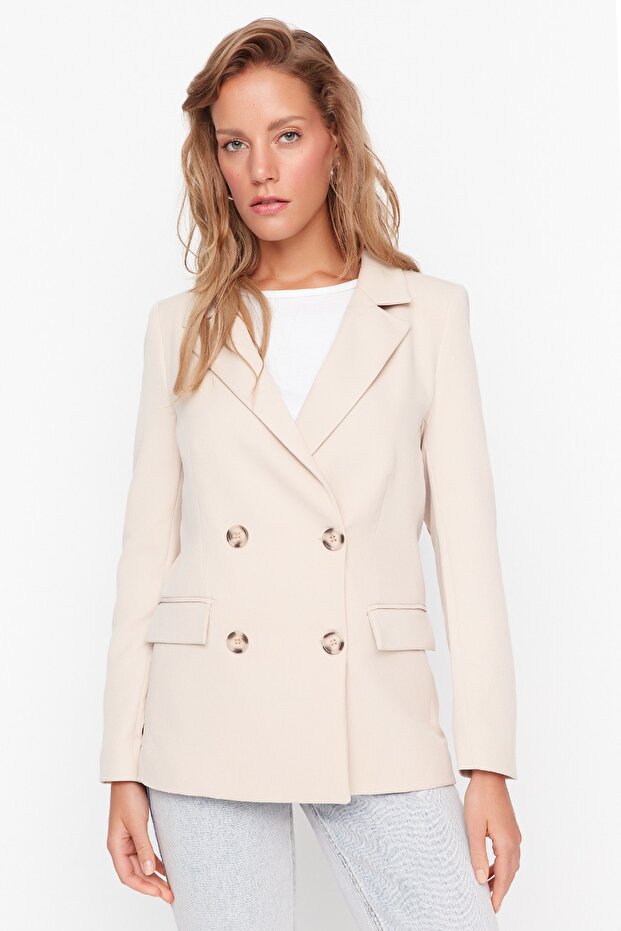 Bej Regular Astarlı Kruvaze Kapama Dokuma Blazer Ceket TWOSS21CE0107 - 8