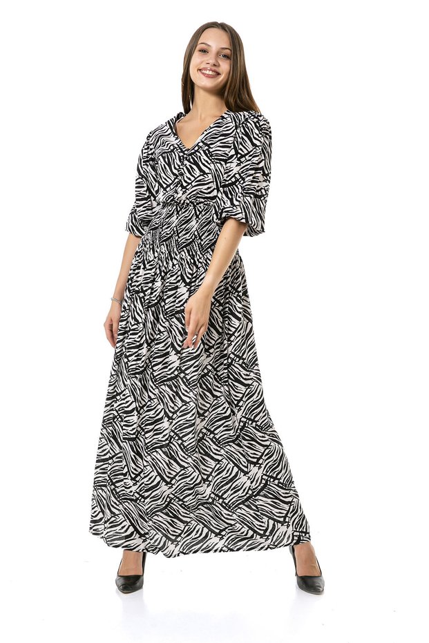 Balloon Sleeve Waist V-neck Black and White Zebra Print Long Dress
