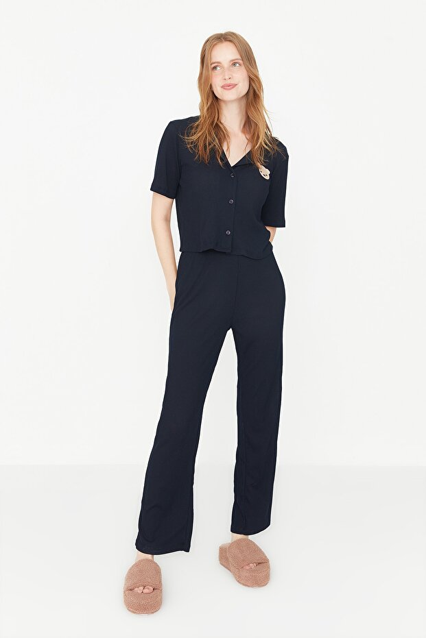 Lacivert Ayıcık Nakışlı Fitilli Örme Pijama Takımı THMSS21PT0168 - 3