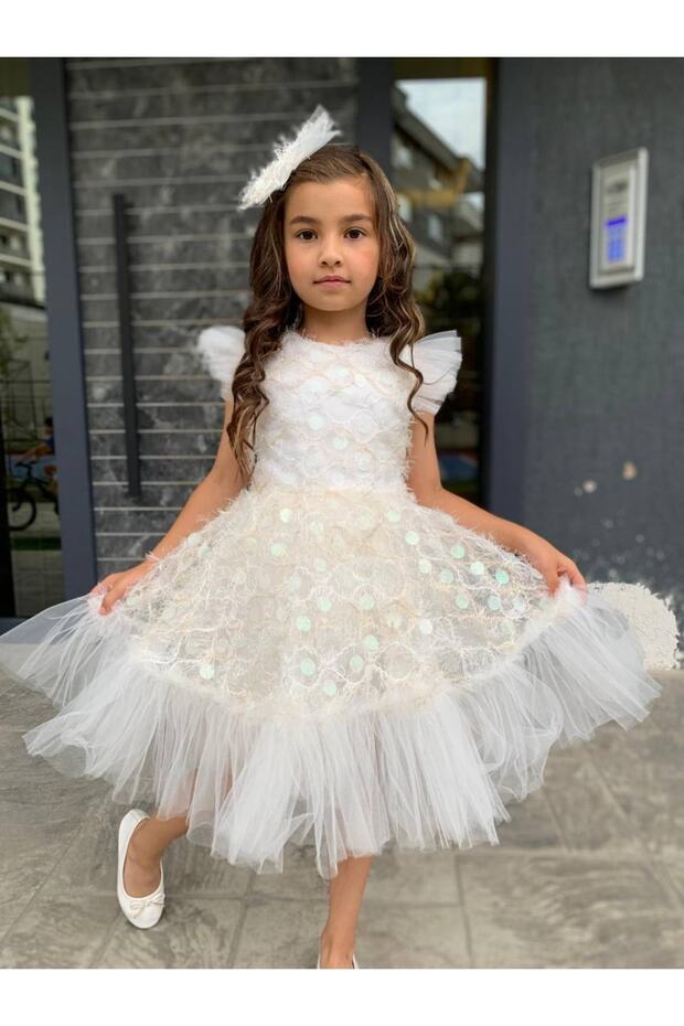 Tokalı Pullu Tüylü Elbıse - 1