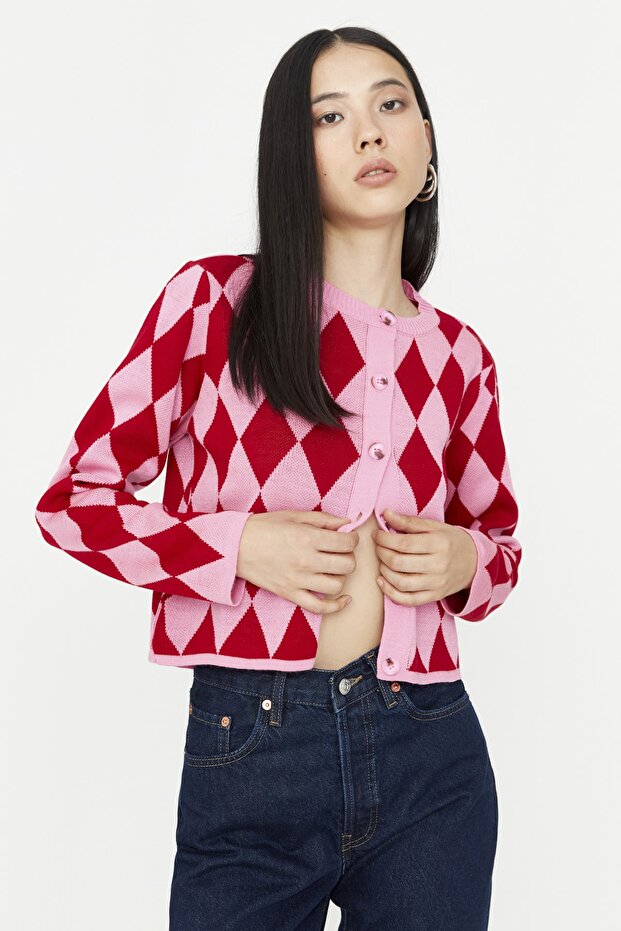 Pembe Crop Desenli/Jakarlı Ceket Görünümlü Triko Hırka TWOAW23HI00176 - 1