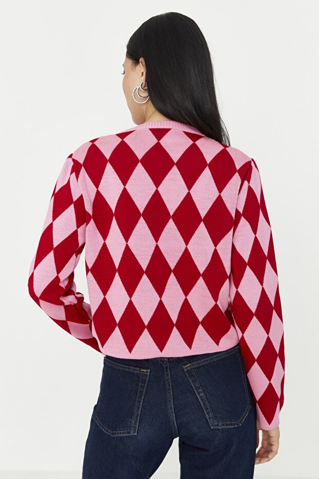 Pembe Crop Desenli/Jakarlı Ceket Görünümlü Triko Hırka TWOAW23HI00176 - 5