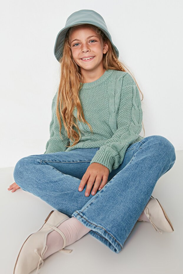 Mintfarbener, detaillierter Strickpullover für Mädchen TKDAW23KZ00016 - 3