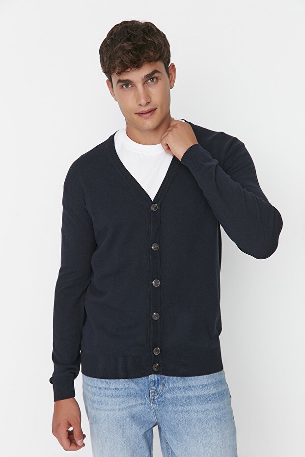 Lacivert Erkek Slim Fit Pamuklu V Yaka Düğmeli Hırka TMNAW21HI0274 - 5
