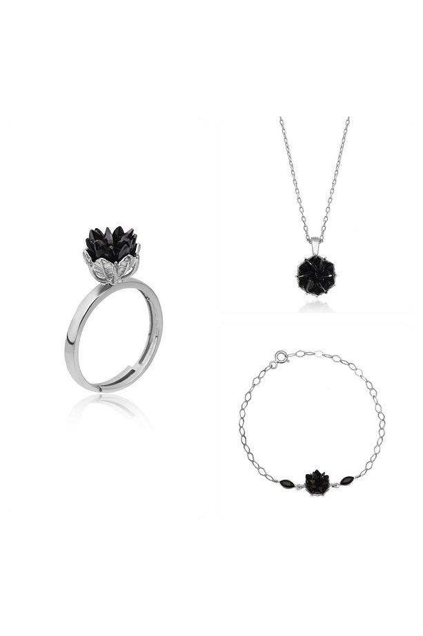 Lotus Çiçeği Yüzük.kolye Ve Bileklik Seti | 925 Ayar Gümüş Set - 1