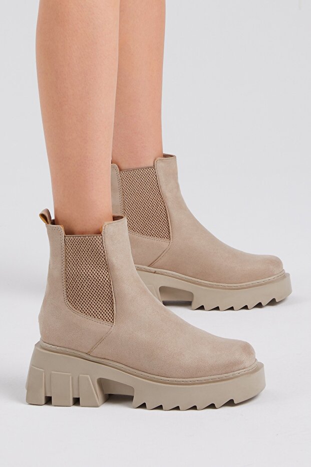 Női krémszínű velúr rugalmas, kényelmes szabású csizma - 2