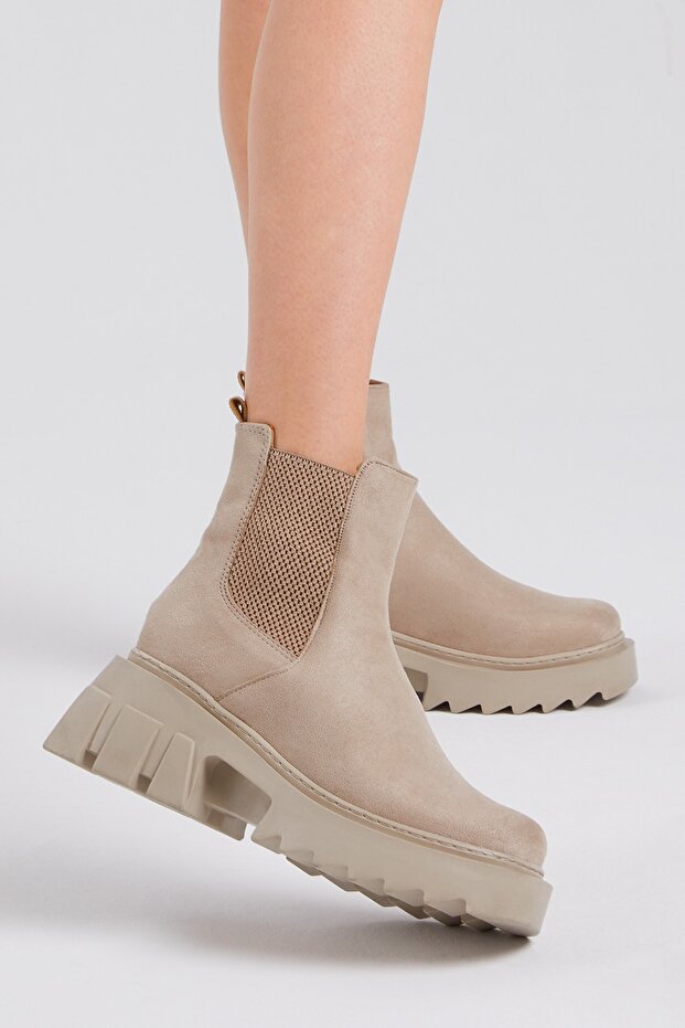 Női krémszínű velúr rugalmas, kényelmes szabású csizma - 3