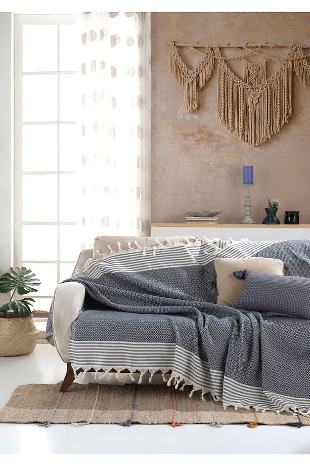 Bergama Indigo 2 Adet Koltuk Örtüsü 180 X 200 Cm Koltuk Şalı Kanepe Berjer Örtüsü Pamuklu - 3