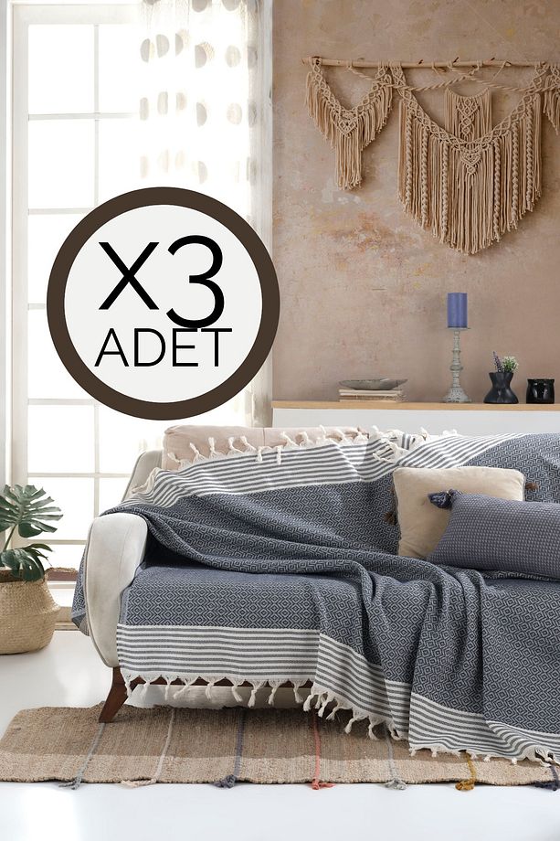 Bergama Indigo 3 Adet Koltuk Örtüsü 180 X 200 Cm Koltuk Şalı Kanepe Berjer Örtüsü Pamuklu - 1