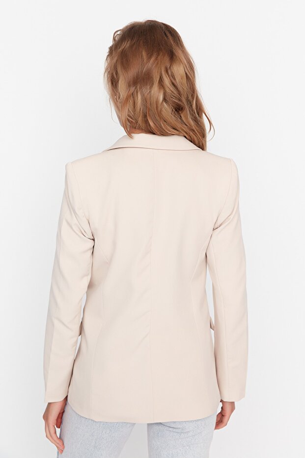 Bej Regular Astarlı Kruvaze Kapama Dokuma Blazer Ceket TWOSS21CE0107 - 12