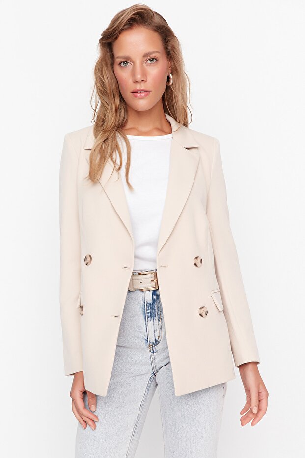 Bej Regular Astarlı Kruvaze Kapama Dokuma Blazer Ceket TWOSS21CE0107 - 9