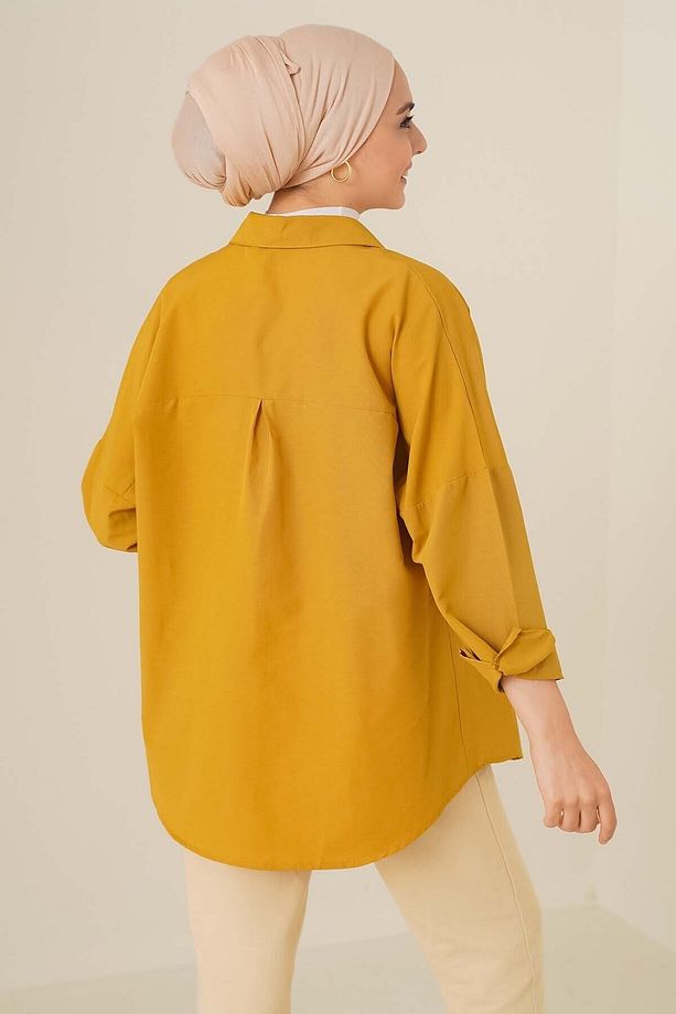 103901 Oversize Basic Tesettür Gömlek - Hardal - 3