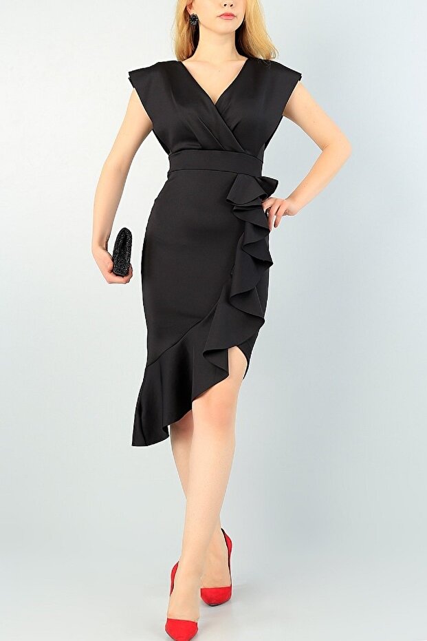 Flexible Flounce Double Breasted Collar Slit Detailed Dress
