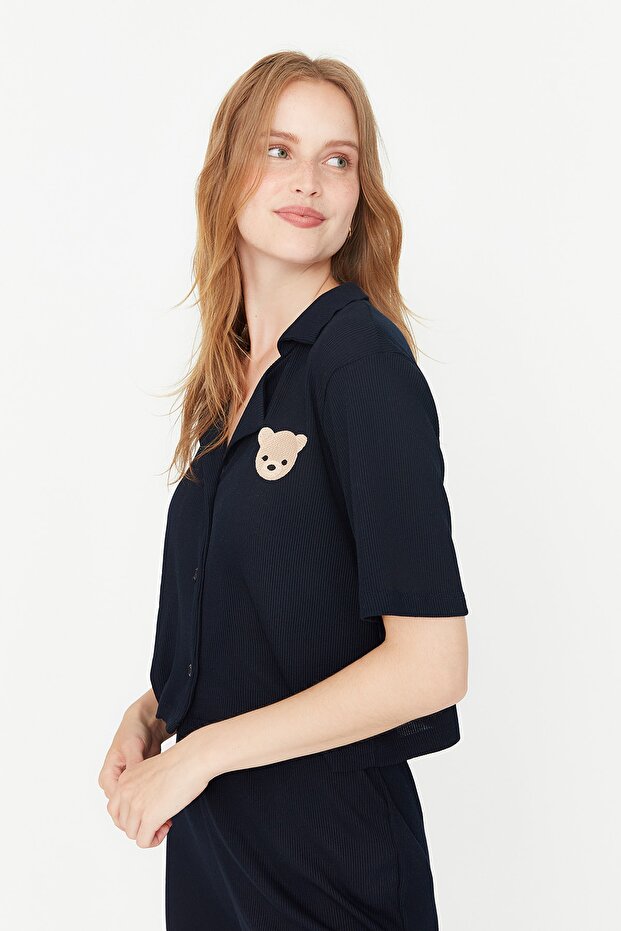 Lacivert Ayıcık Nakışlı Fitilli Örme Pijama Takımı THMSS21PT0168 - 4