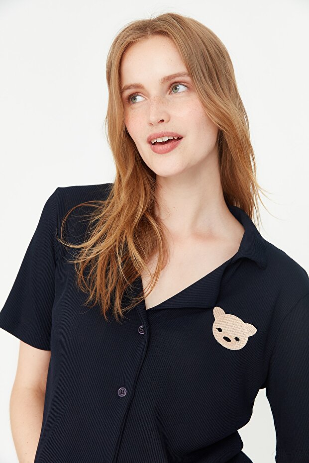 Lacivert Ayıcık Nakışlı Fitilli Örme Pijama Takımı THMSS21PT0168 - 6