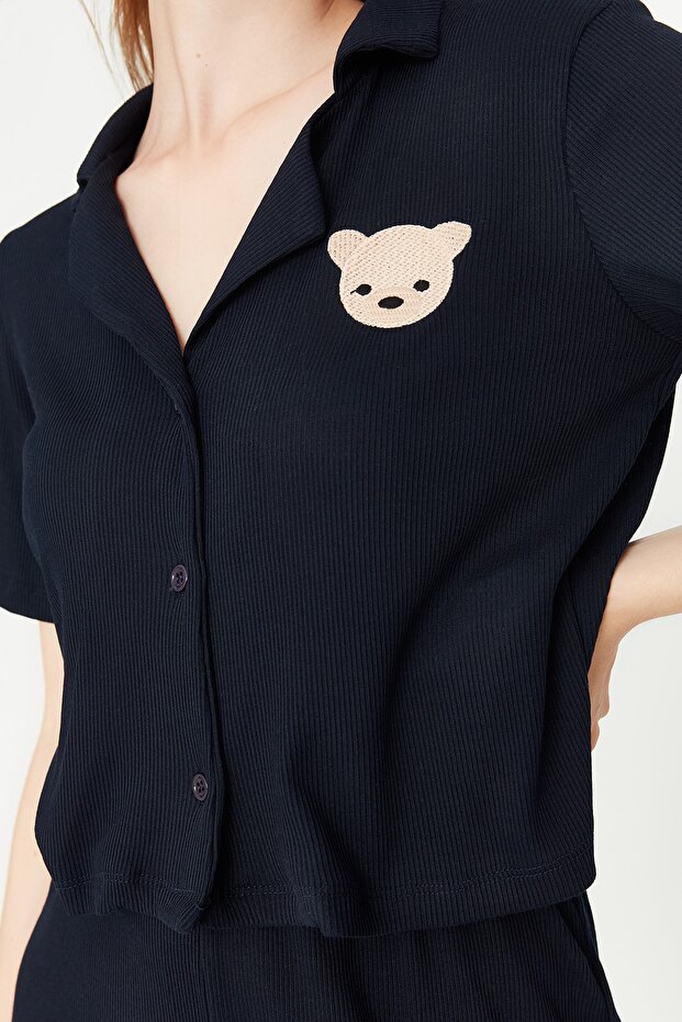 Lacivert Ayıcık Nakışlı Fitilli Örme Pijama Takımı THMSS21PT0168 - 5