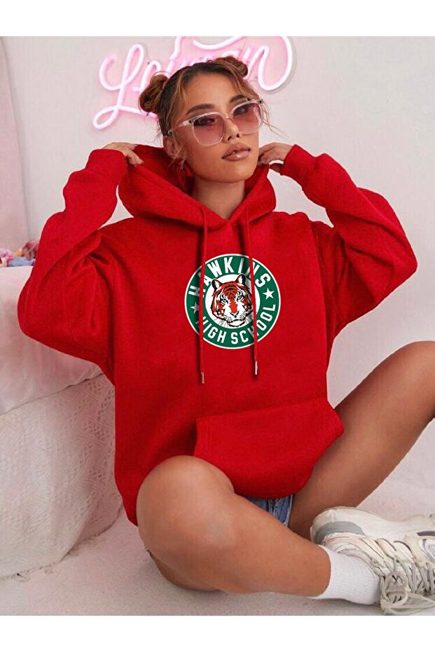 Hawkings Printed Kangaroo Pocket Hooded Red Sweatshirt Hoodie