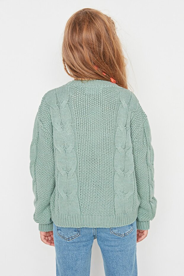 Mintfarbener, detaillierter Strickpullover für Mädchen TKDAW23KZ00016 - 5