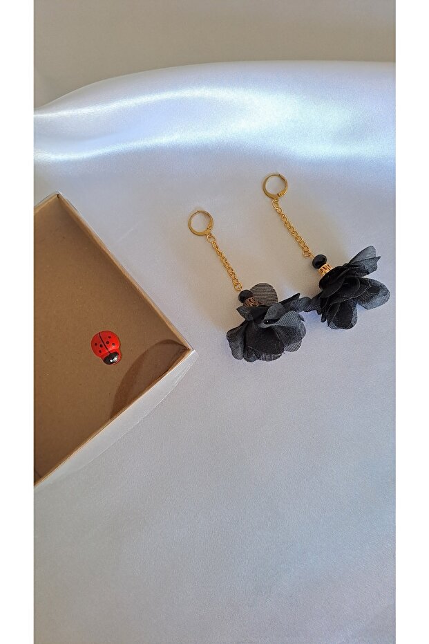 Crystal Rhinestone Black Tulle Earrings Dangle Flower Earrings