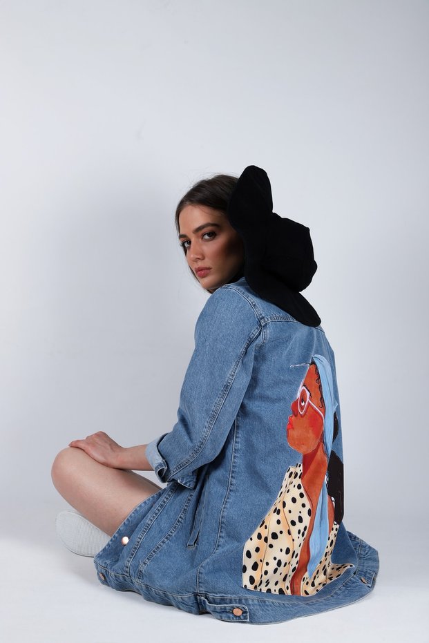 Back Printed Long Women's Denim Jacket, Seasonal Denim Jacket, Denim Coat