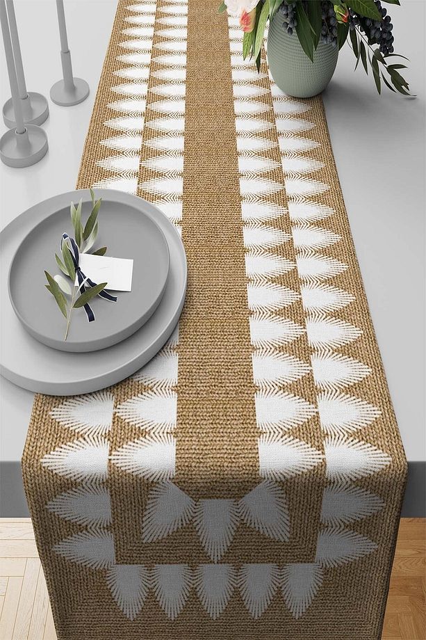 40x140cm Premium Masa Örtüsü Runner Tay Tüyü Dokuma Leke Tutmaz Kumaş Hasır Görünümlü Rnr191 - 1