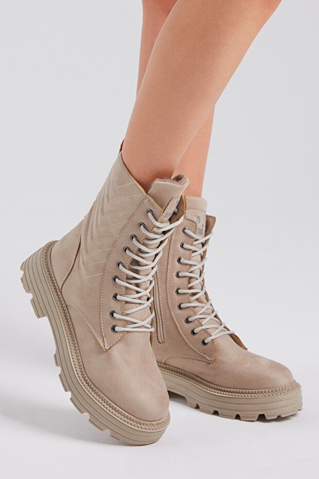 Női krémszínű velúr mintás kényelmes fűzős csizma - 3