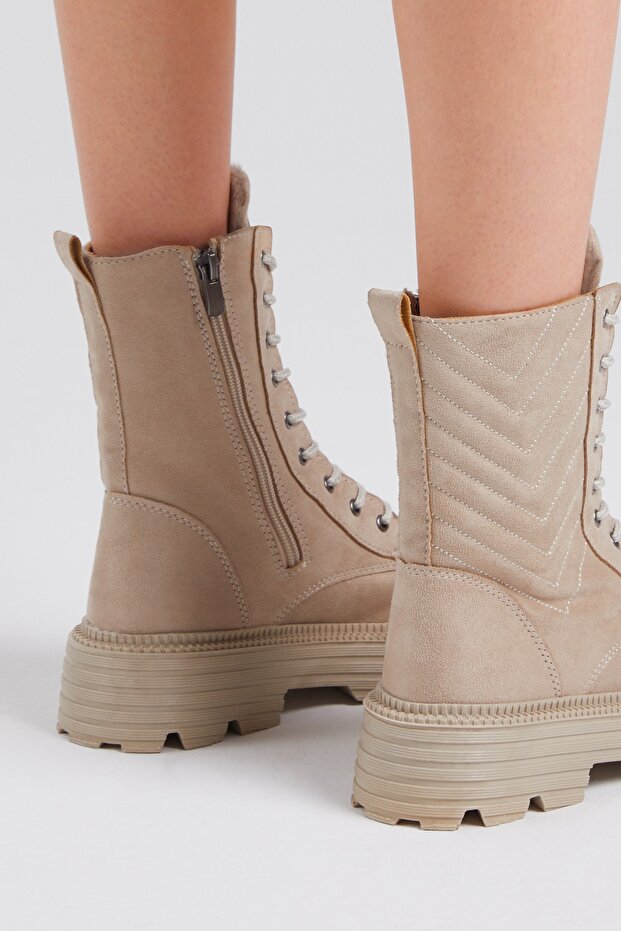 Női krémszínű velúr mintás kényelmes fűzős csizma - 6