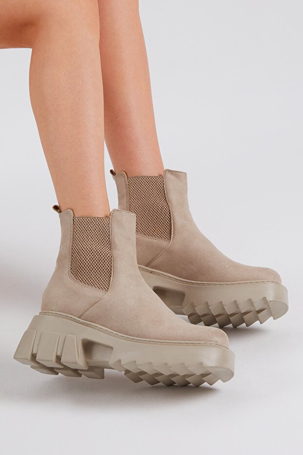 Női krémszínű velúr rugalmas, kényelmes szabású csizma - 1