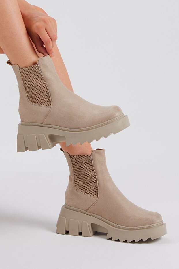 Női krémszínű velúr rugalmas, kényelmes szabású csizma - 5