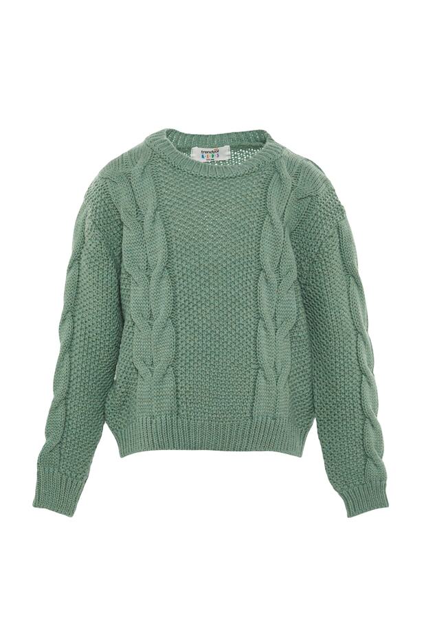 Mintfarbener, detaillierter Strickpullover für Mädchen TKDAW23KZ00016 - 6