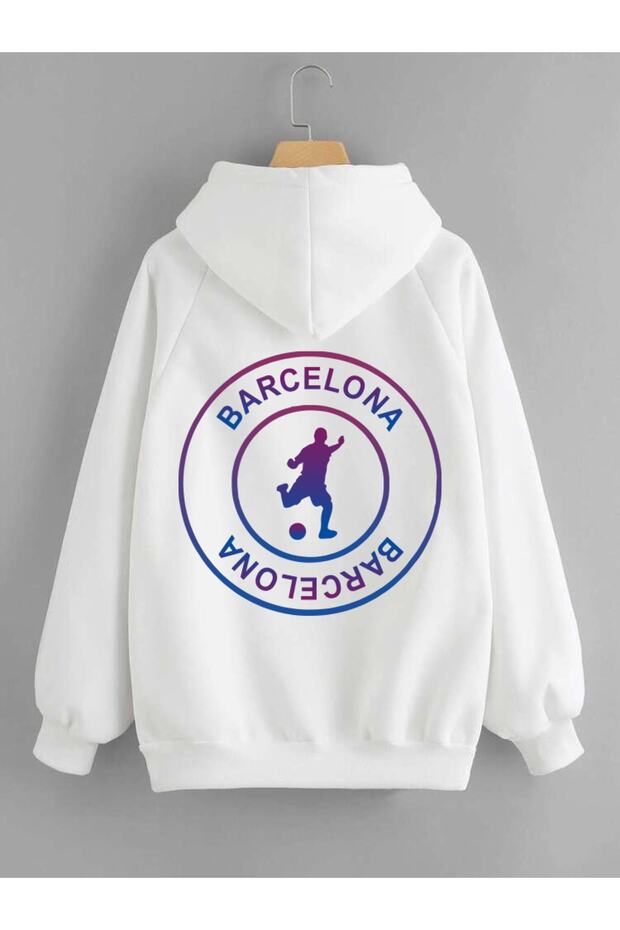 White Unisex Oversize Hooded Sweatshirt Barcelona Back Print