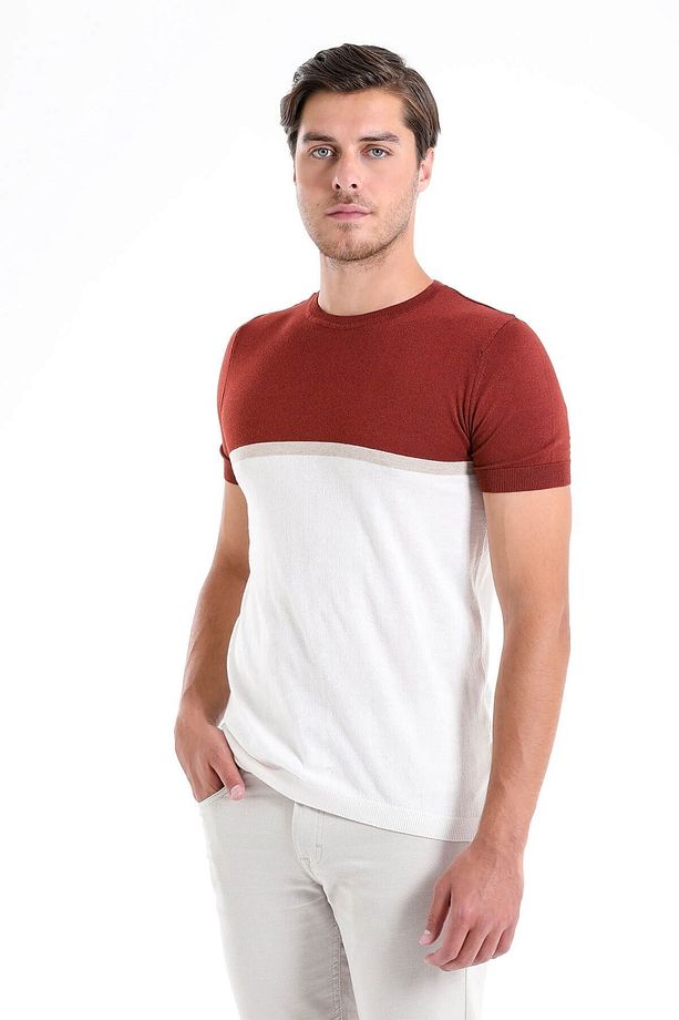 Kiremit Regular Fit Desenli Bisiklet Yaka Triko Tişört - 1