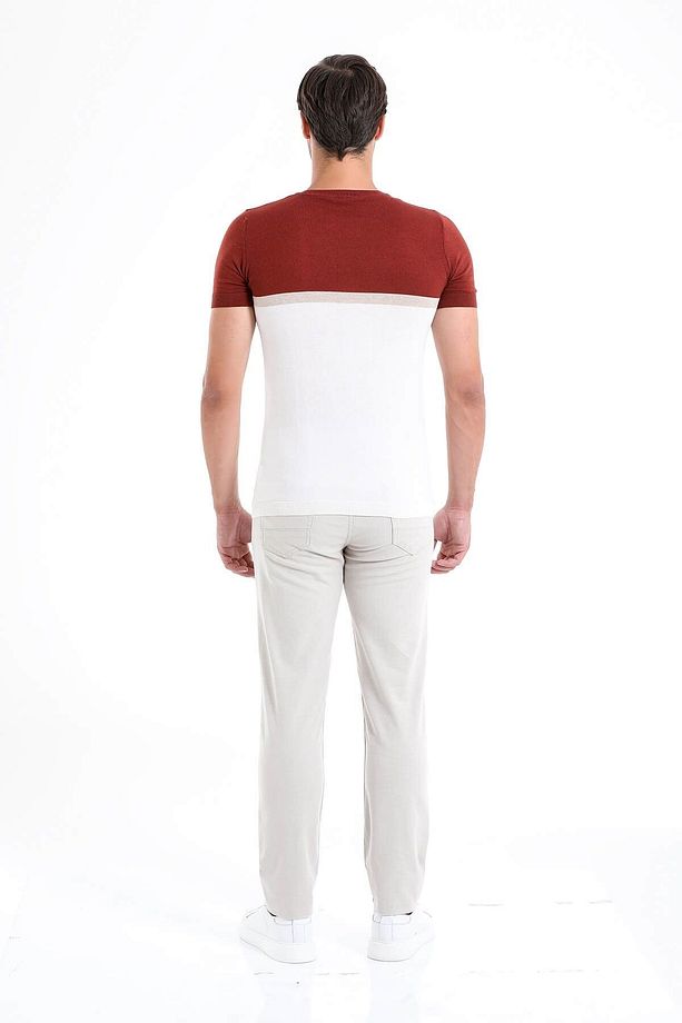 Kiremit Regular Fit Desenli Bisiklet Yaka Triko Tişört - 5