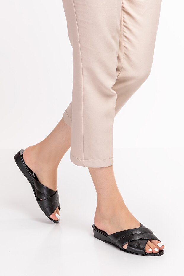 Women's Black Leather Cross Band House Slippers