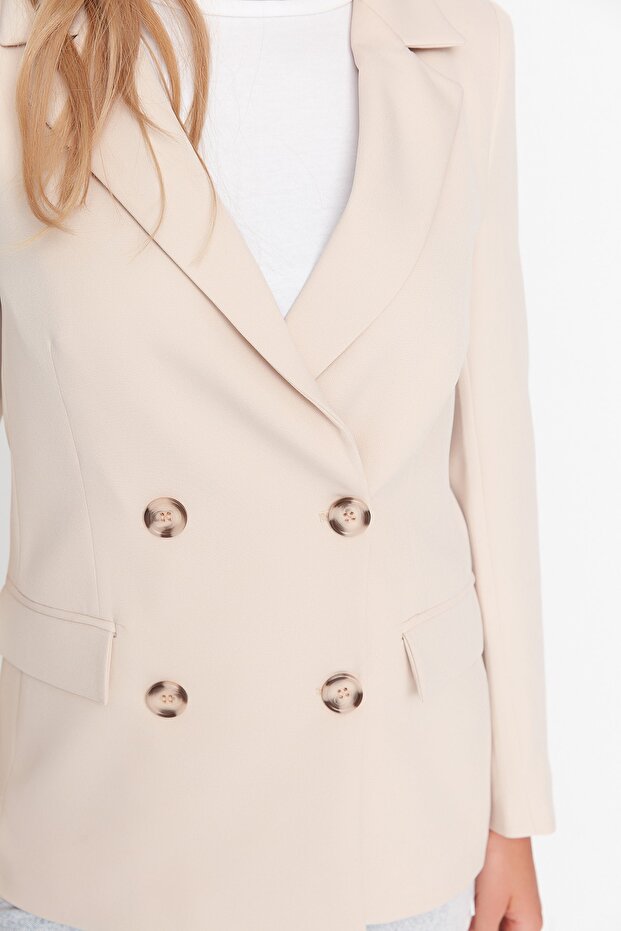 Bej Regular Astarlı Kruvaze Kapama Dokuma Blazer Ceket TWOSS21CE0107 - 11